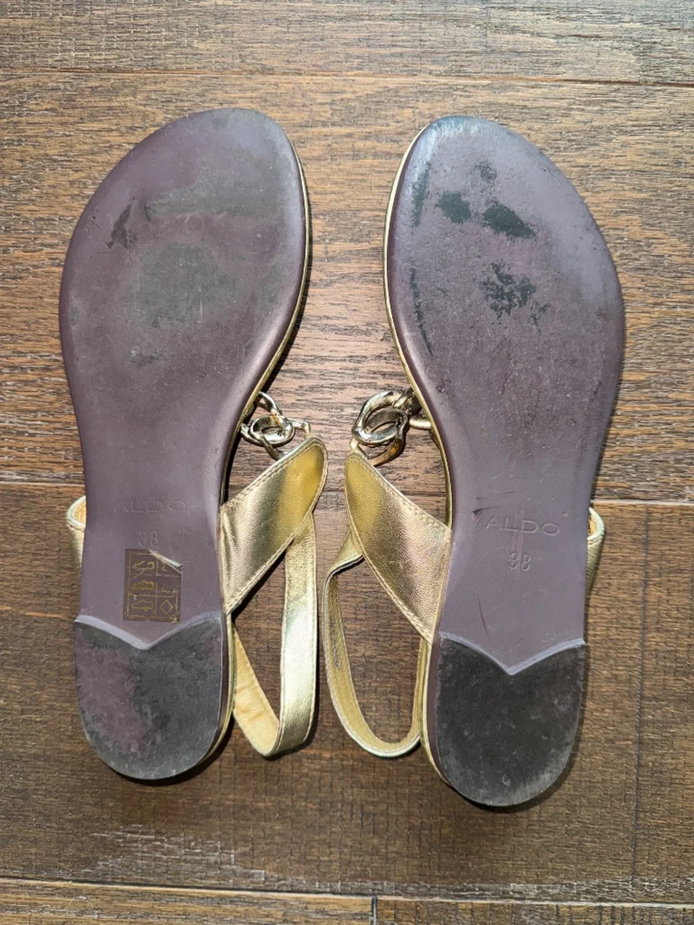 ALDO Gold Rhinestone Chain T-Strap Sandals Size 38